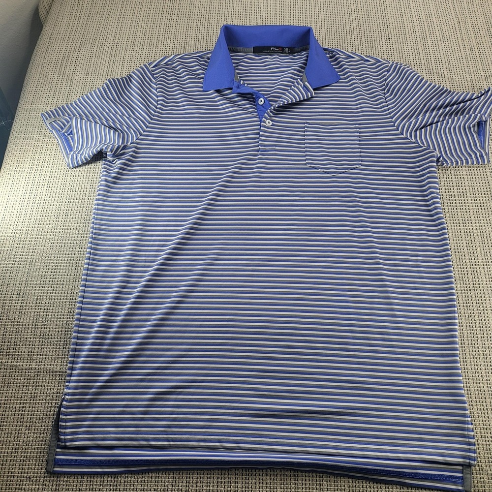 RLX Ralph Lauren Polo Shirt Mens Large Blue Striped Golf Wicking Performance